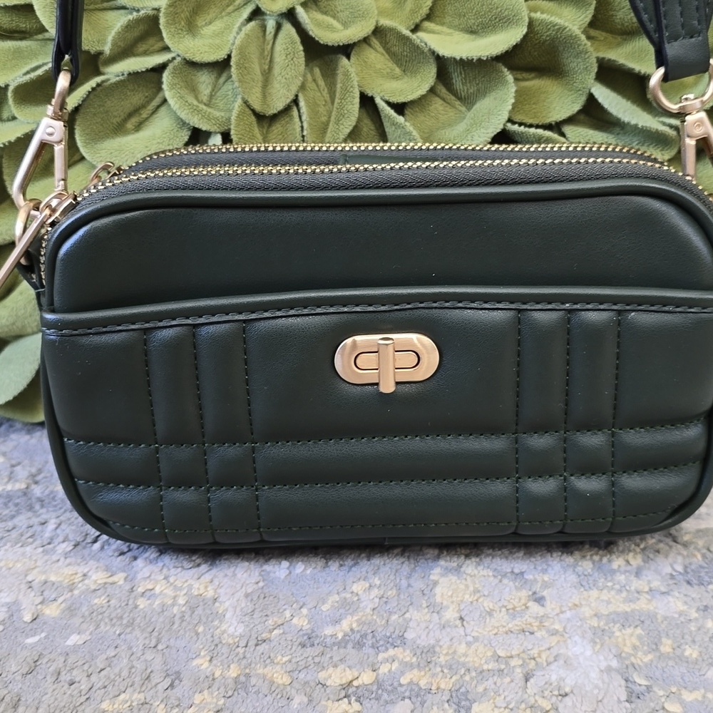 Quilted Faux Leather Crossbody Bag | Forest Green Phone Bag | Triple Compartment - Picture 3 of 16